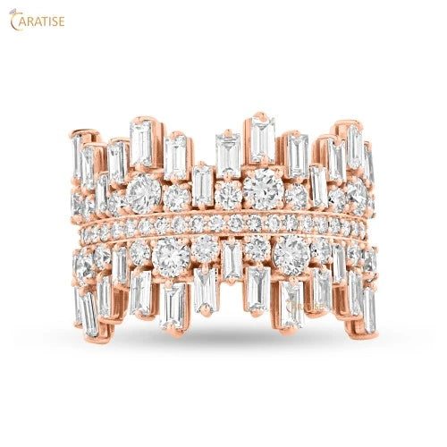 3.35 TDW Baguette & Round Cut Diamond Ring Engagement Ring 925 Silver