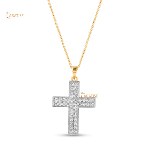 0.58 TDW Round Cut Diamond Cross Pendant With Chain 925 Silver