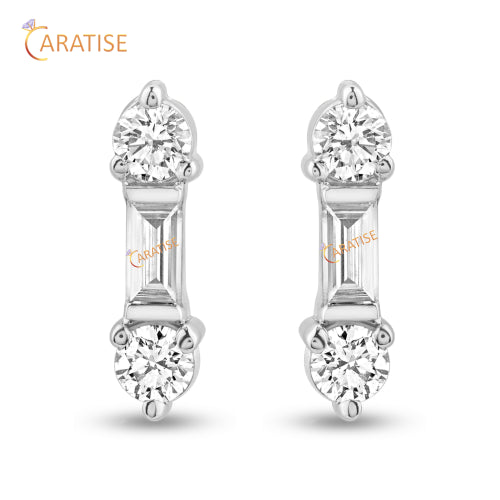 0.68 TDW Baguette & Round Diamond Stud Earring 925 Silver
