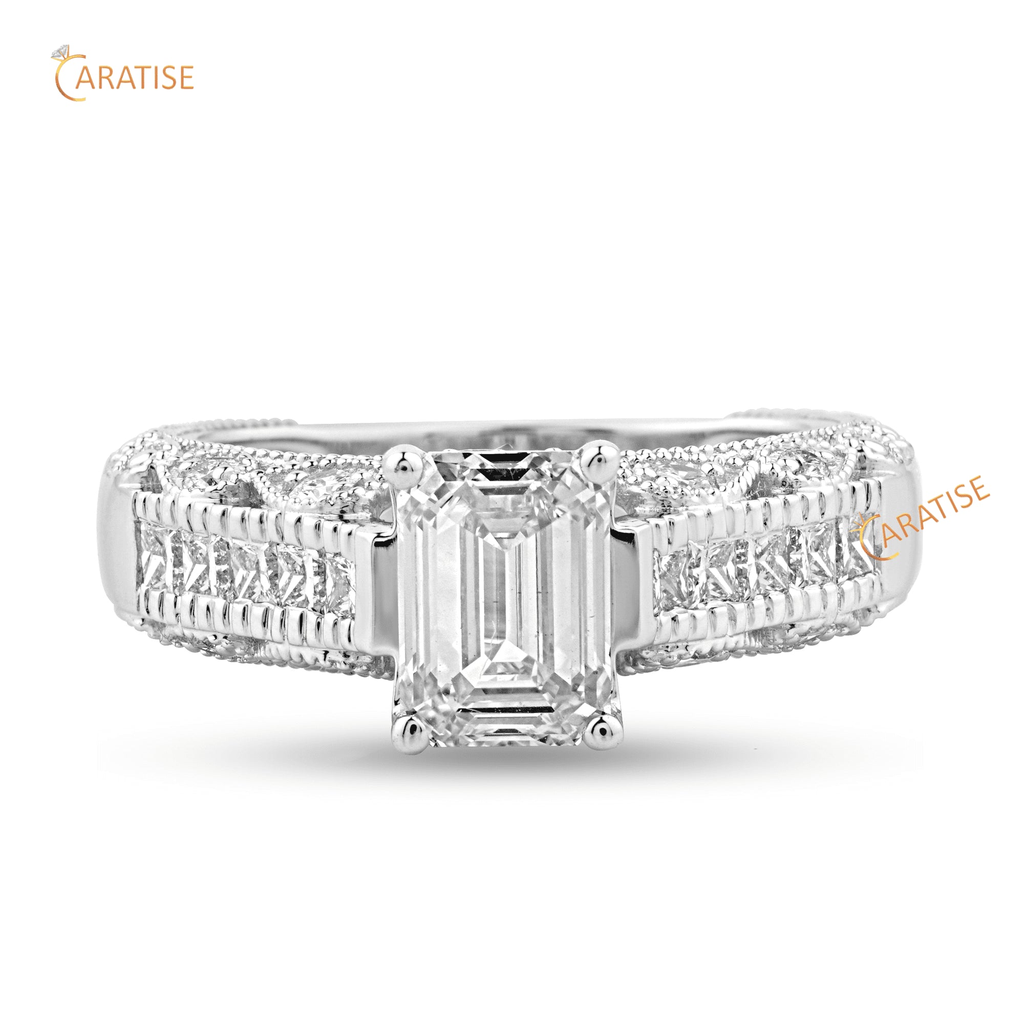 2.35 TDW Emerald, Princess & Round Cut Moissanite Diamond Engagement Ring 925 Silver