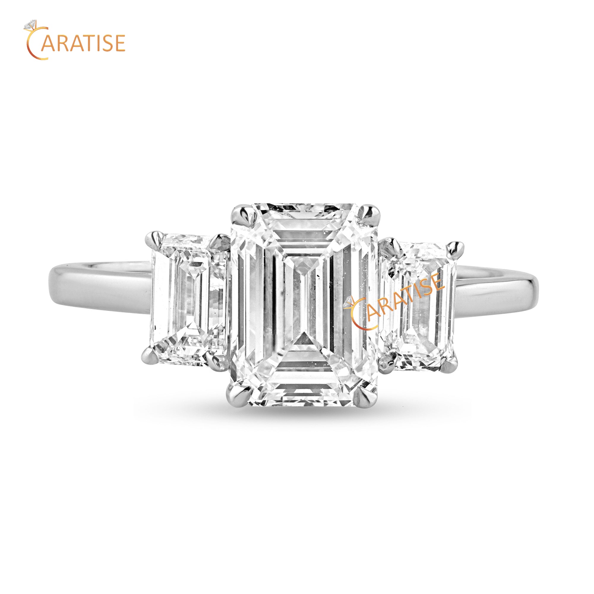 2.10 TDW Emerald,Baguette & Round Cut Moissanite Engagement Diamond Ring 925 Silver