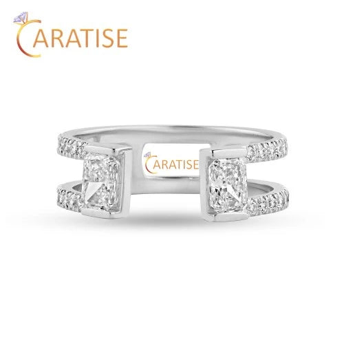 1.13 TDW Radiant & Round Cut Diamond Ring 925 Silver