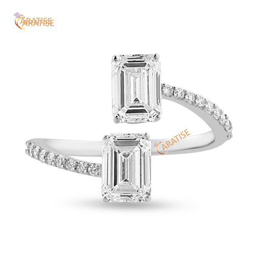 2.24 TDW Emerald & Round Cut Moissanite Diamond Ring Engagement 925 Silver