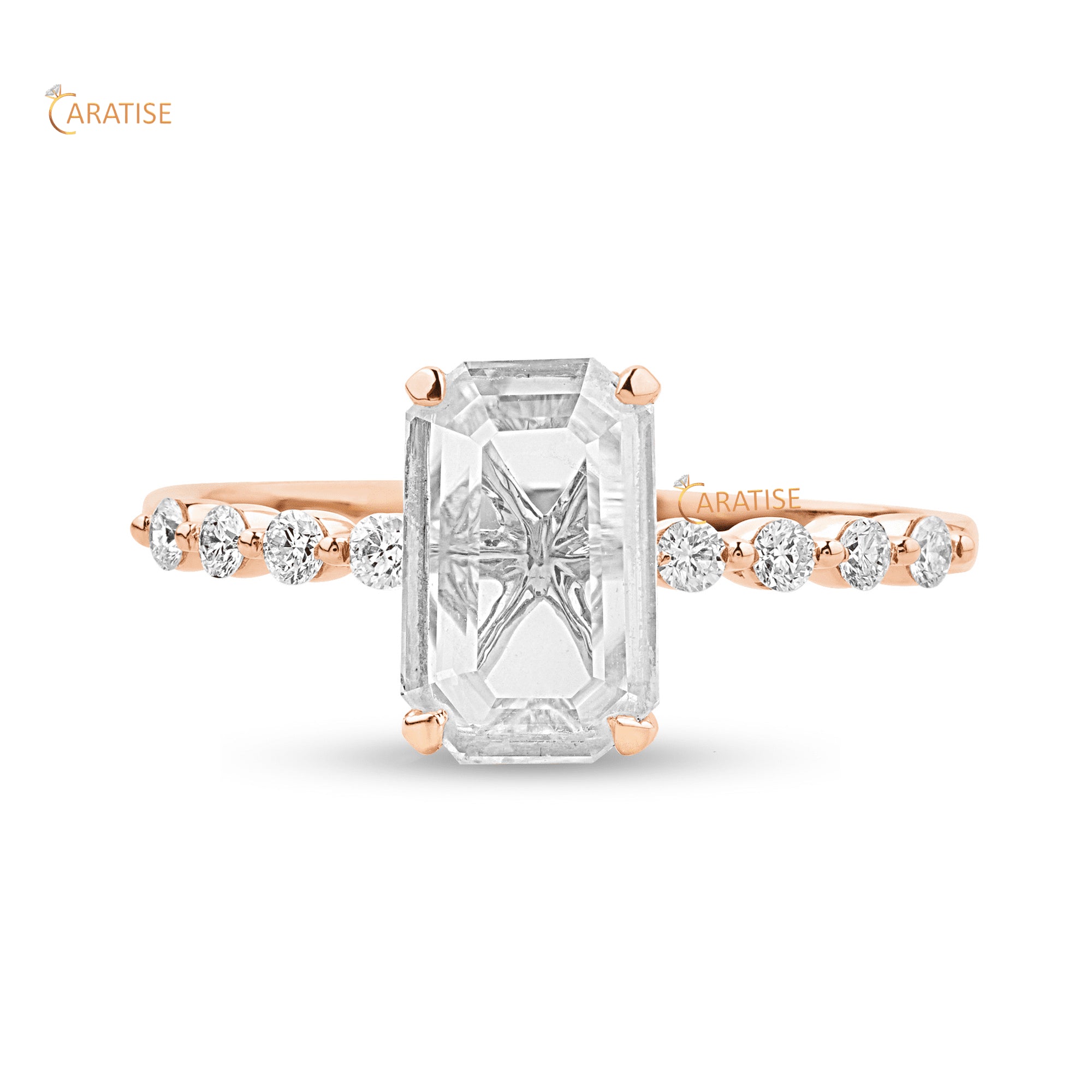 1.06 TDW Emerald Rose Cut & Round Diamond Engagement Ring 925 Silver