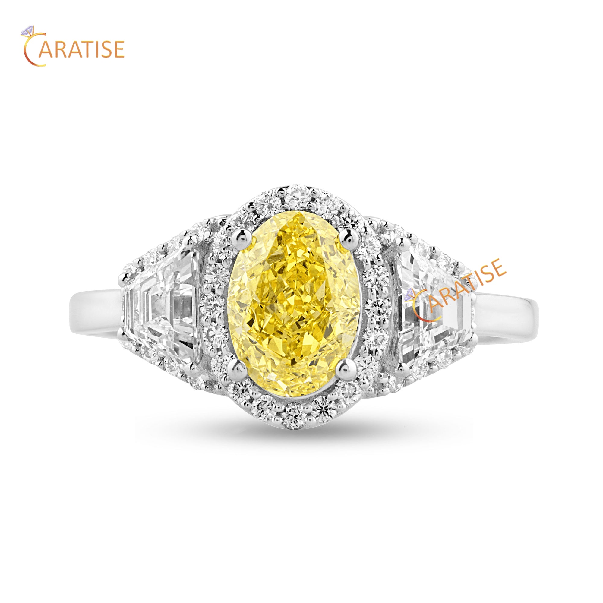 2.29 TDW Fancy Yellow Oval ,Trapezoid & Round Cut Diamond Engagement Ring 925 Silver