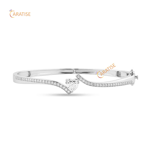 1.48 TDW Heart & Round Cut Diamond Bangle Bracelet 925 Silver