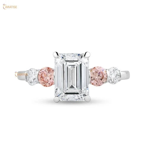 2.53 TDW Emerald & Round Diamond Enagement Ring 925 Silver