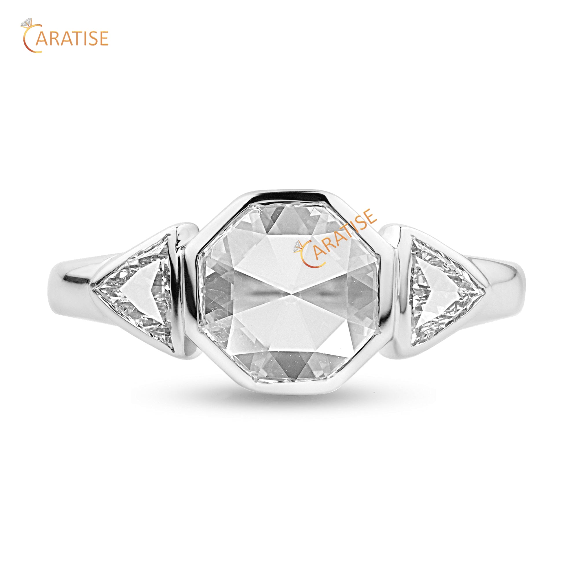 1.35 TDW Round & Triangle Rose Cut Moissanite Diamond Three Stone Ring 925 Silver