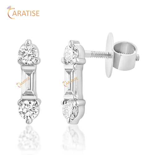 0.68 TDW Baguette & Round Diamond Stud Earring 925 Silver