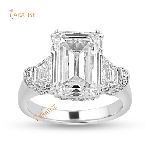 6.53 TDW Emerald, trapezoid & Round Cut Diamond Ring 925 Silver