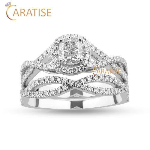 0.91 TDW Cushion & Round Cut Diamond Ring with Band 925 Silver