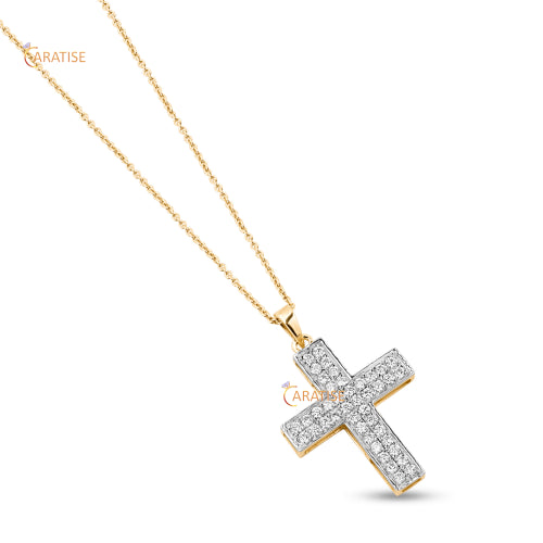0.58 TDW Round Cut Diamond Cross Pendant With Chain 925 Silver