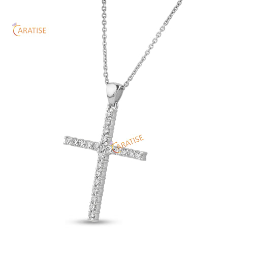0.35 TDW Round Cut Diamond Cross Pendant With Chain 925 Silver