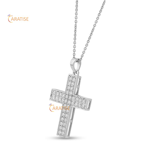 0.58 TDW Round Cut Diamond Cross Pendant With Chain 925 Silver