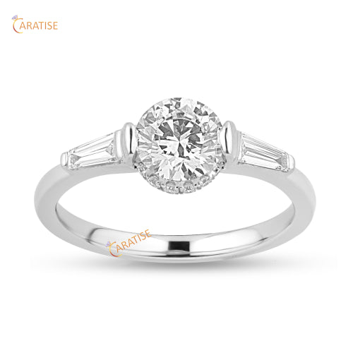 1.34 TDW Round & Baguette Cut Moissanite Diamond Halo Ring 925 Silver