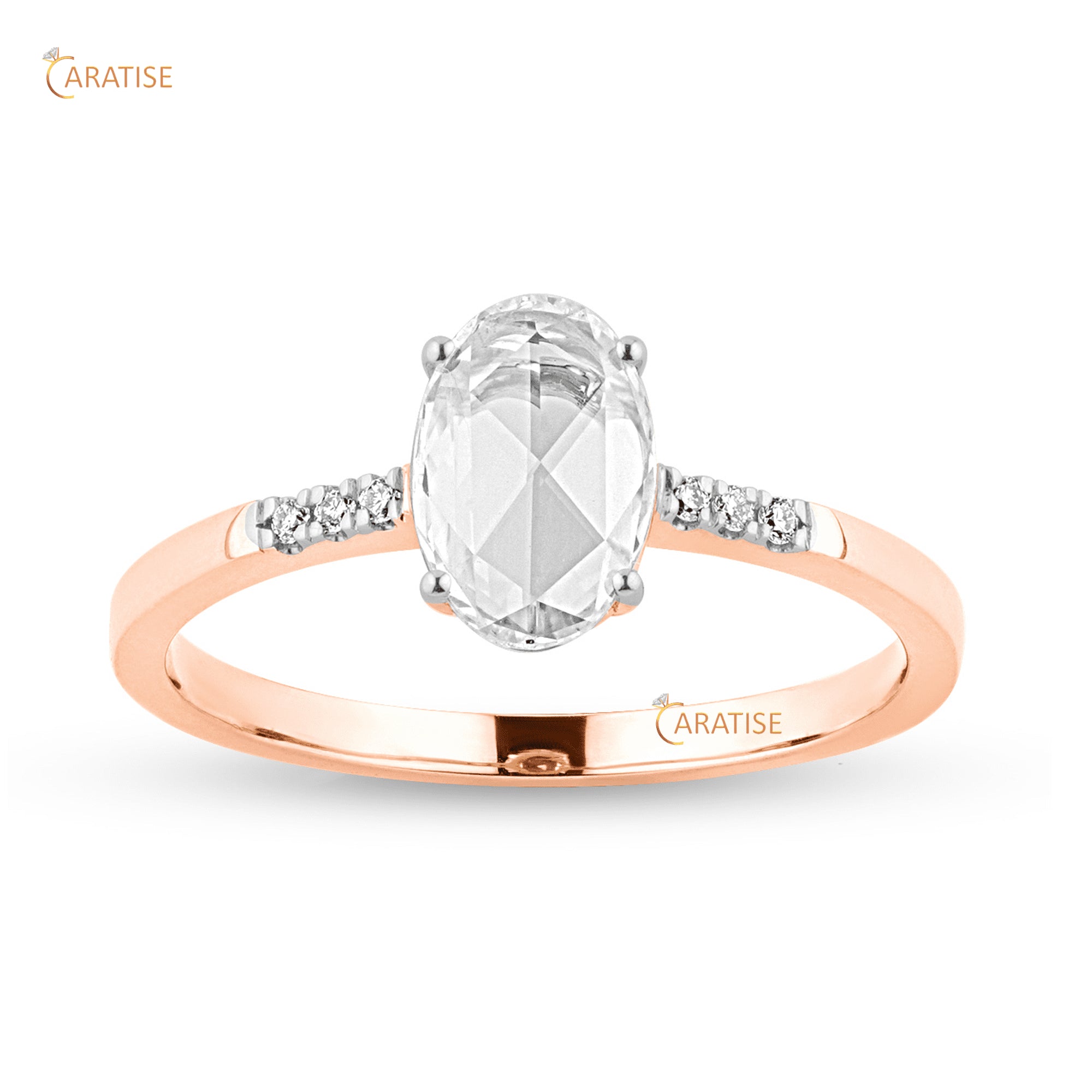 0.62 TDW Oval Rose Cut & Round Moissanite Diamond Engagement Ring 925 Silver