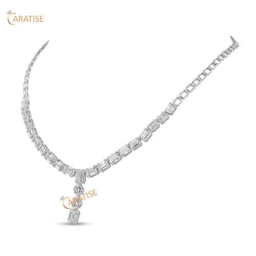 20.25 TDW Emerald & Round Cut Diamond Necklace 925 Silver