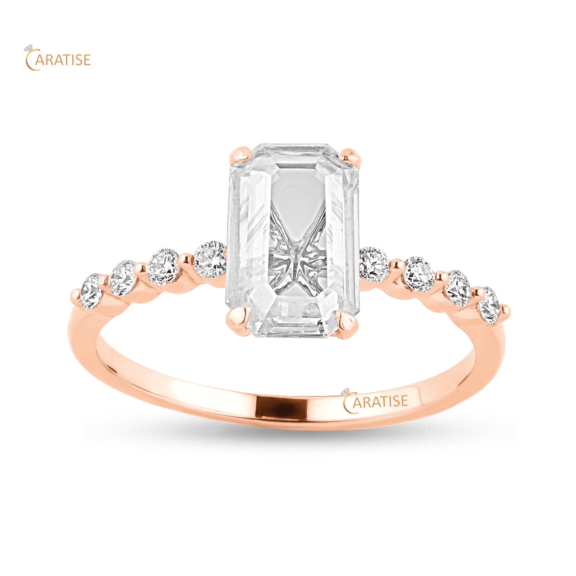 1.06 TDW Emerald Rose Cut & Round Diamond Engagement Ring 925 Silver