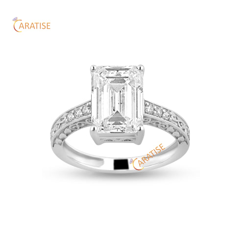 3.78 TDW Emerald & Round Cut Moissanite Diamond Ring 925 Silver