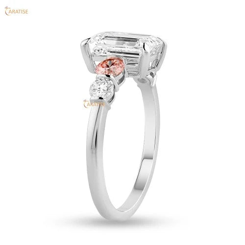 2.53 TDW Emerald & Round Diamond Enagement Ring 925 Silver