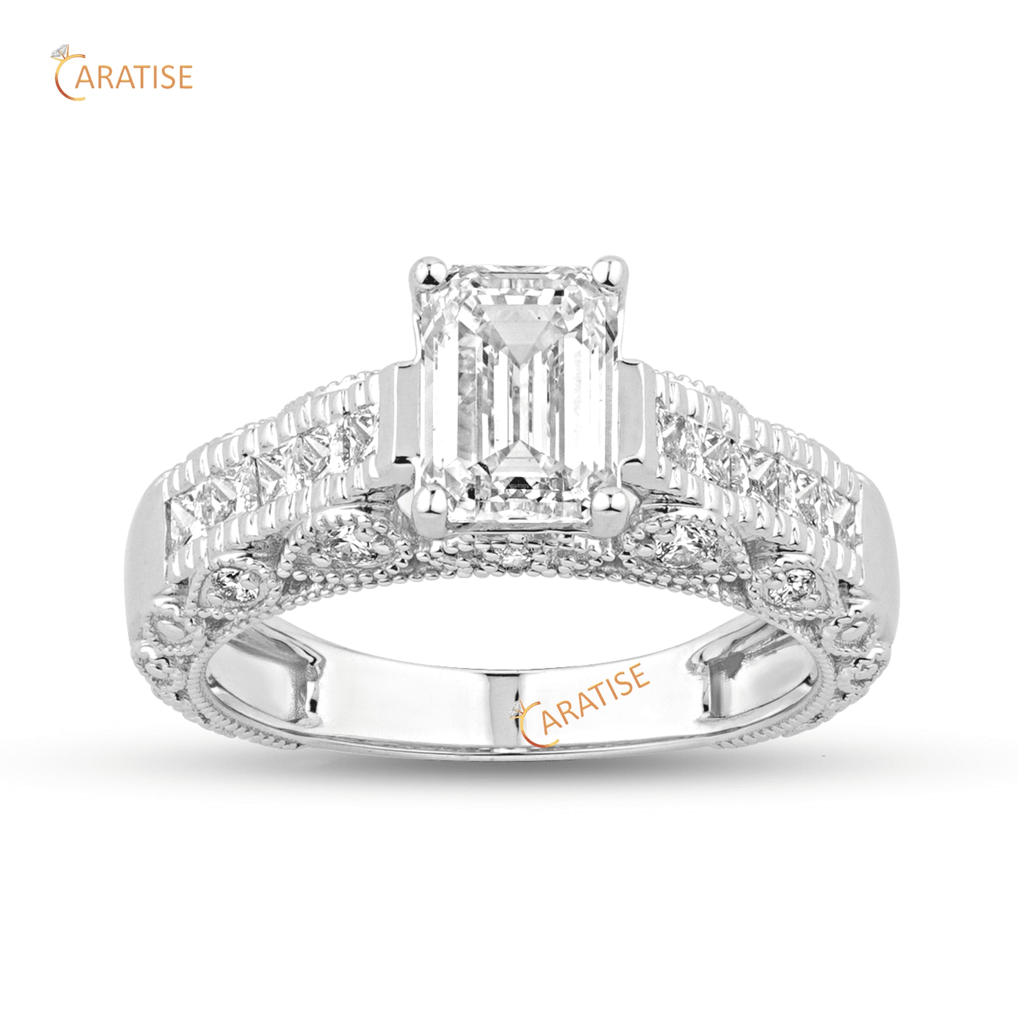 2.35 TDW Emerald, Princess & Round Cut Moissanite Diamond Engagement Ring 925 Silver