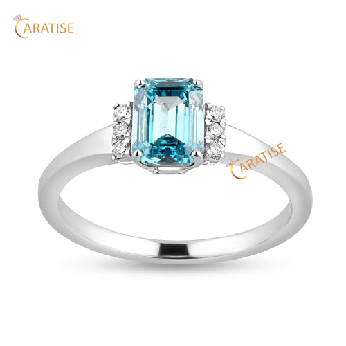 1.07 TDW F.B. Emerlad & Round Cut Moissanite Diamond Engagement Ring 925 Silver