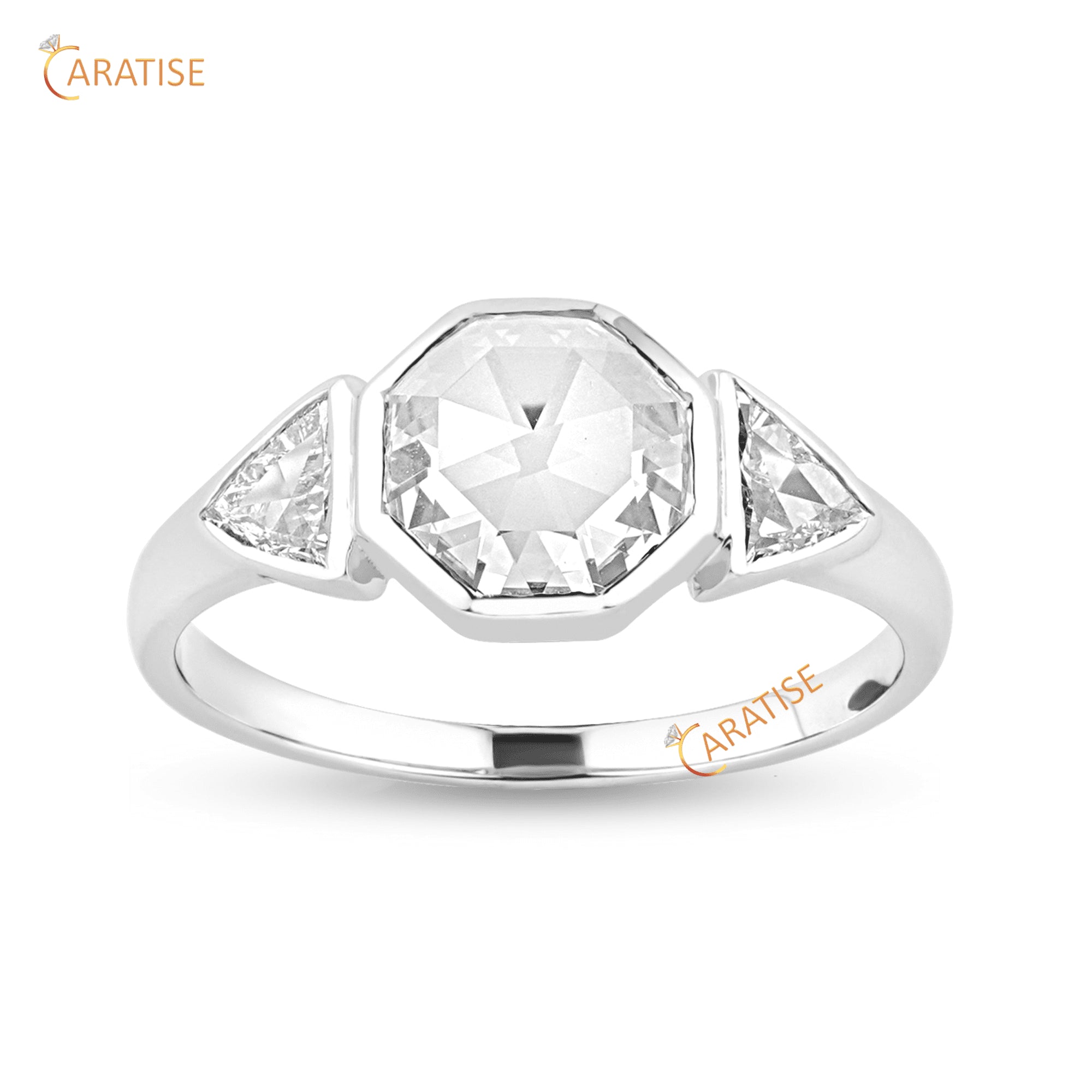 1.35 TDW Round & Triangle Rose Cut Moissanite Diamond Three Stone Ring 925 Silver