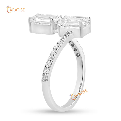 2.24 TDW Emerald & Round Cut Moissanite Diamond Ring Engagement 925 Silver