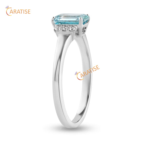 1.06 TDW Fancy Blue Emerlad & Round Cut Moissanite Diamond Engagement Ring 925 Silver