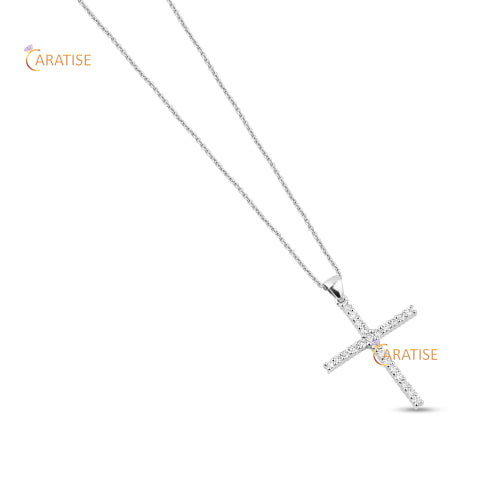 0.35 TDW Round Cut Diamond Cross Pendant With Chain 925 Silver