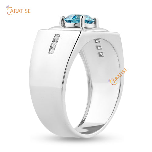 1.09 TDW Fancy Blue Round Cut Moissanite Diamond Men's Engagement Ring 925 Silver