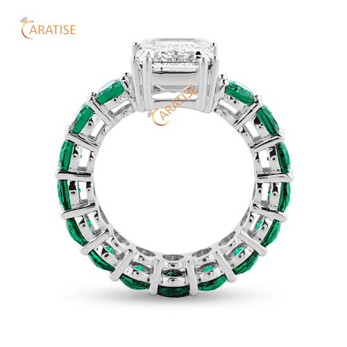 8.50 TDW Emerald And Oval Diamond Engagement Ring 925 Silver