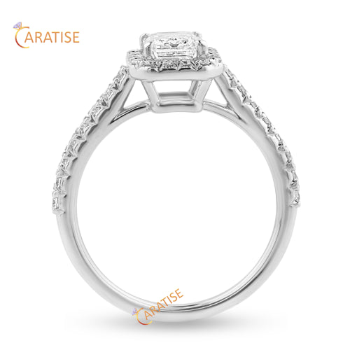 1.11 TDW Emerald & Round Cut Halo Pattern Diamond Halo Ring 925 Silver