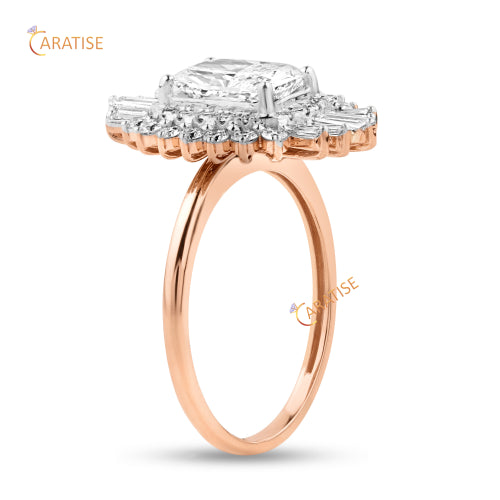 2.62 TDW Baguette,Radiant & Round Cut Diamond Halo Ring 925 Silver