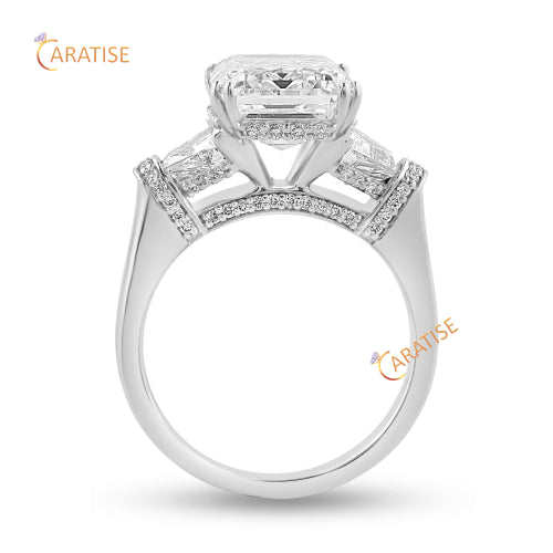 6.53 TDW Emerald, trapezoid & Round Cut Diamond Ring 925 Silver