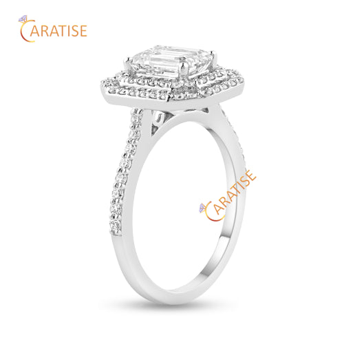 1.474 TDW Emerald & Round Cut Diamond Halo Ring 925 Silver