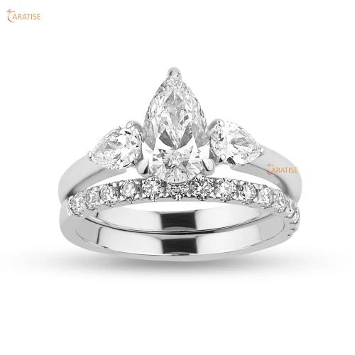 1.17 TDW Pear & Round Diamond Ring with Band 925 Silver
