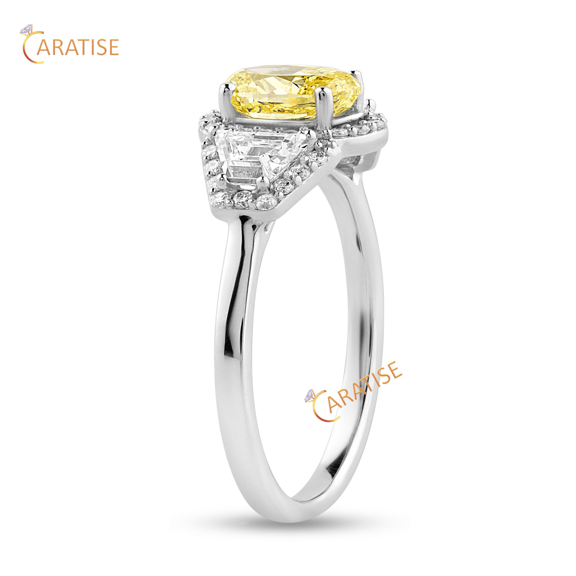 2.29 TDW Fancy Yellow Oval ,Trapezoid & Round Cut Diamond Engagement Ring 925 Silver