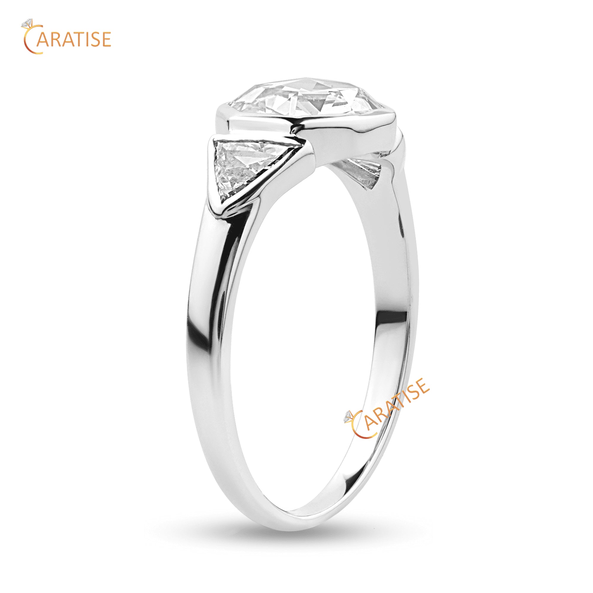 1.35 TDW Round & Triangle Rose Cut Moissanite Diamond Three Stone Ring 925 Silver