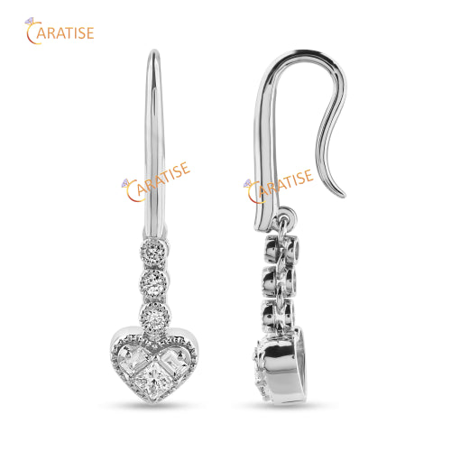 0.69 TDW Princess,Baguette And Round Cut Diamond Earring 925 Silver