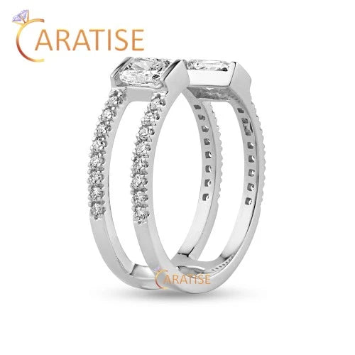 1.13 TDW Radiant & Round Cut Diamond Ring 925 Silver
