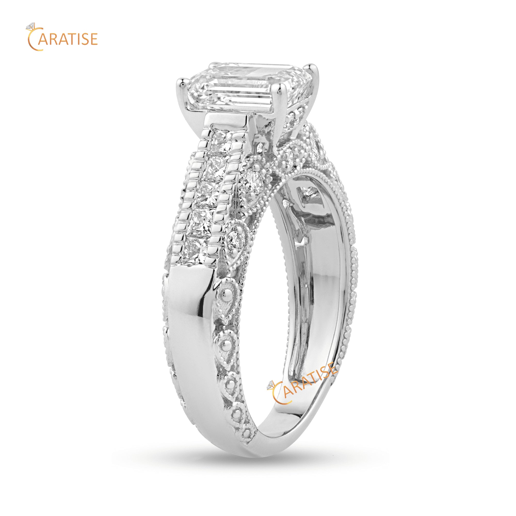 2.35 TDW Emerald, Princess & Round Cut Moissanite Diamond Engagement Ring 925 Silver