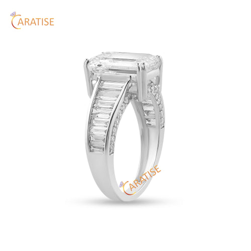 5.70 TDW Emerald,Baguette & Round Moissanite Diamond Engagement Ring 925 Silver