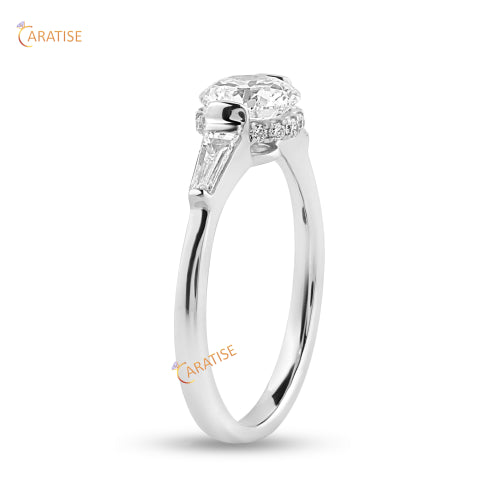 1.34 TDW Round & Baguette Cut Moissanite Diamond Halo Ring 925 Silver