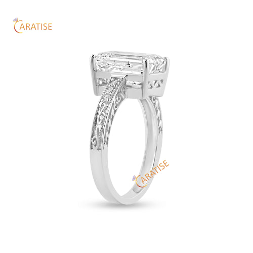 3.78 TDW Emerald & Round Cut Moissanite Diamond Ring 925 Silver