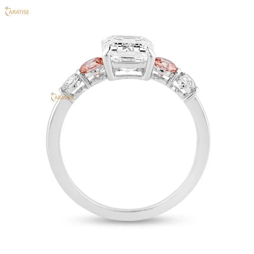 2.53 TDW Emerald & Round Diamond Enagement Ring 925 Silver