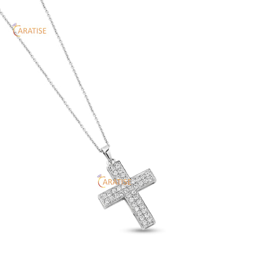 0.58 TDW Round Cut Diamond Cross Pendant With Chain 925 Silver