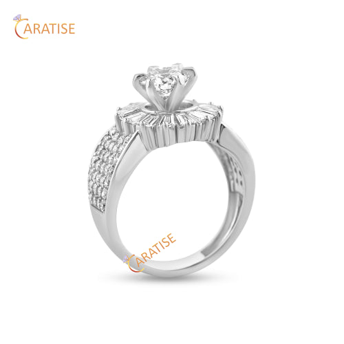 3.11 TDW Baguette and Round Cut Diamond Engagement Ring 925 Silver