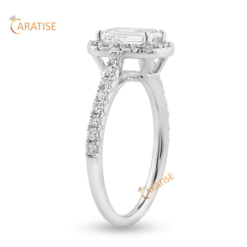 1.11 TDW Emerald & Round Cut Halo Pattern Diamond Halo Ring 925 Silver