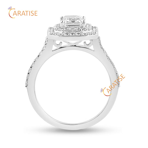 1.474 TDW Emerald & Round Cut Diamond Halo Ring 925 Silver